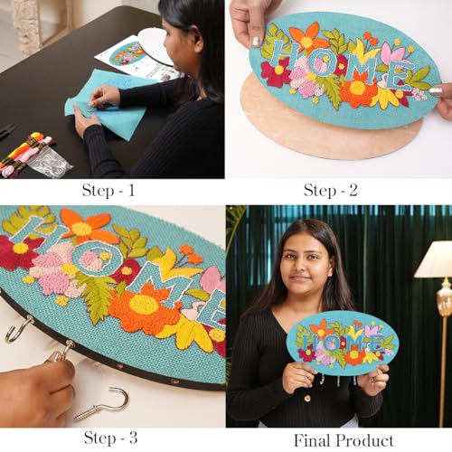 Image of picknMAKE DIY Embroidered Keychain Holder Kit - Complete Set with Oval MDF Base, Natural Jute Fabric, Home Floral Design, Multicolor Threads, Hooks, Glue, and Easy Mounting Setup