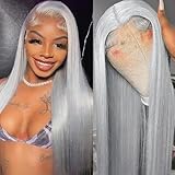 Grey Lace Front Wigs Human Hair 180% Density 13x4 HD Transparent Lace Frontal Wig Real Human Hair Pre Plucked Bleached Knots Gray Silver Color Brazilian Virgin Glueless Wigs for Black Women 20 Inch