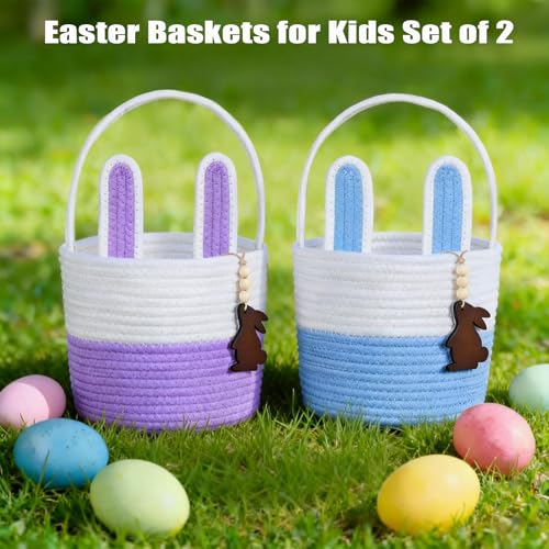 Image of Easter Basket Empty 2 PCS Bunny Woven Rope Easter Baskets for Kids Teens Easter Hunt Baskets with Handle Bags Easter Gifts for Kids Toddlers Girls Boys Teens Set of 2 Blue and Purple