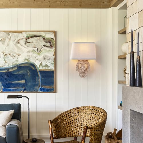 Image of Rustic Wall Sconce with Linen Shade Mini Vintage Antique Wood Wall Light Fixture Retro Farmhouse Mid Centry Wooden Wall Sconce for Bedroom, Hallway, Fireplace, Living Room, 2-Pack, E12