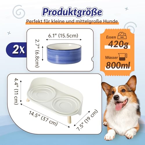 Hunde Napfset Hundenapf Set Erhöht - Doppelnapf Keramik mit Spritzschutz Ständer - Bunte Spirals Hundenäpfe für Futter und Wasser - Ideal für Kleine bis Mittelgroße Hunde - 2 x 800 ml - Blau