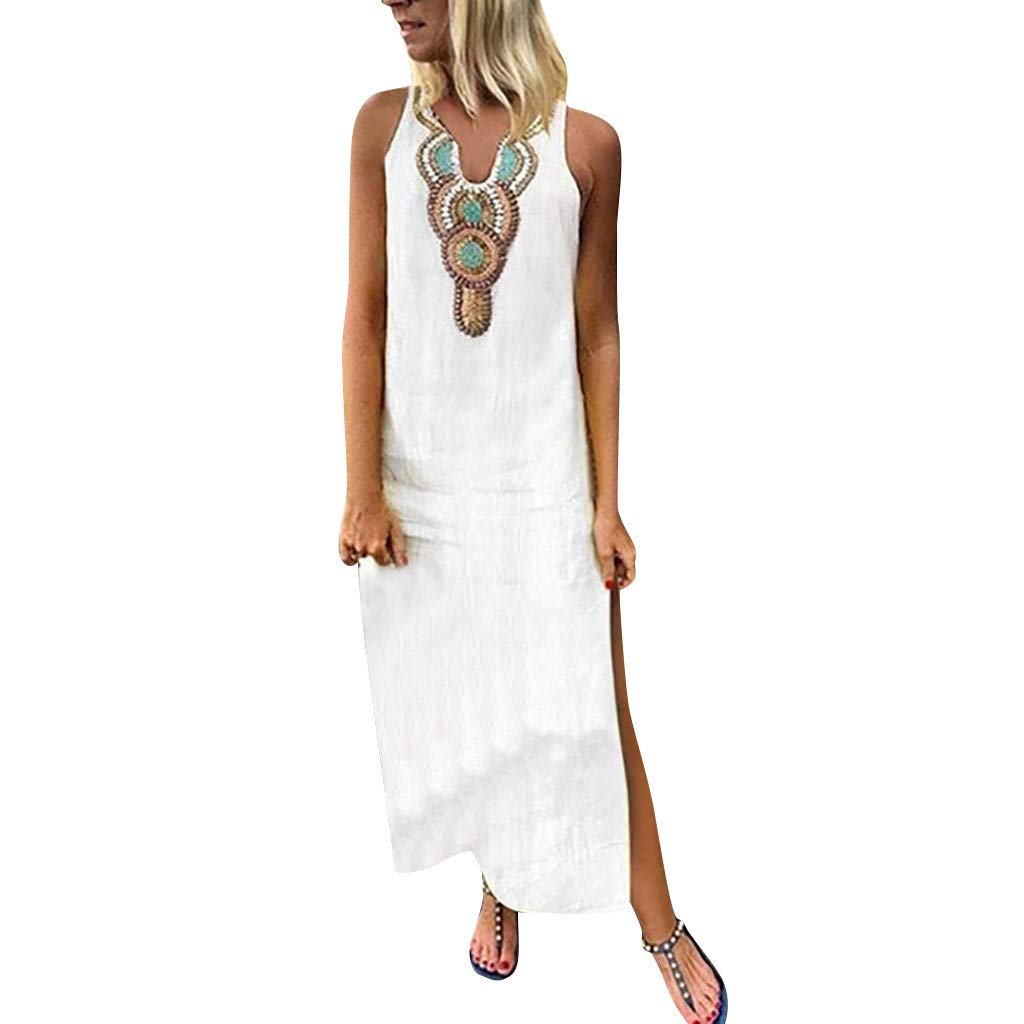Generic Vestido de lino para mujer, verano, sin mangas, informal, manga larga, algodón blanco, túnica, verano, estampado largo, sin mangas, de algodón, de lino, con cuello en V, vestido de verano