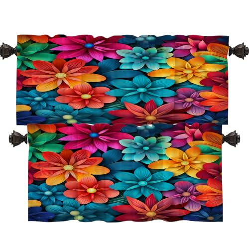 Shrahala Colorful Blooming Flowers Blackout Short Curtains for Windows, Vibrant Floral Pattern Kitchen Valance Thermal Insulated Rod Pocket Window Treatment for Bathroom 2 Pack 52 X 16 in