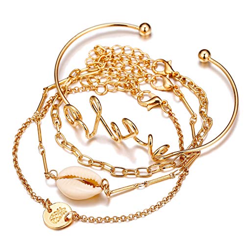 KAZA, Set di 4 Braccialetti Vintage Popolari da Donna, con Catena luccicante e Ananas Placcato in Oro 18 carati e Guscio per Regalo per Ragazze