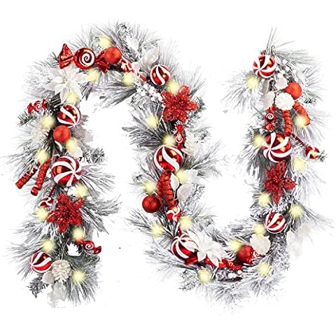 WANNA-CUL Pre-Lit 9 ft/ 108 Inch Christmas Garland with 50 Led Lights,Red White Lighted Christmas Mantel Garland Decor for Front Door with Ball Ornaments,Battery Operated Cover