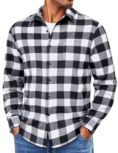 COOFANDY Mens Flannel Shirts Long Sleeve Lightweight Plaid Shirt Casual Button Down Shirts with Pocket Black