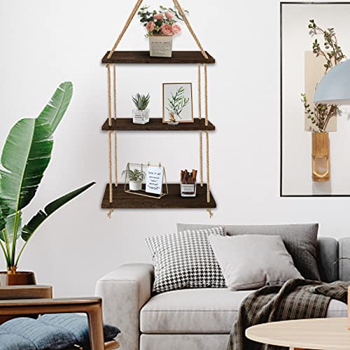 Iwaiting Outdoor Hanging Shelves For Wall, 3 Tier Antique Wood Floating Hanging Shelf With Handmade Twine Weaving Process, Suitable For Bedroom Living Room Bathroom Hanging Window Plant Shelves Decor #TOP4