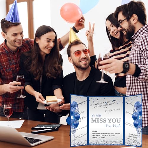 Image of DARUNAXY Blue Silver Farewell Party Decorations, We Will Miss You Very Much Alternative Signature Guest Book for Men Women Going Away Gifts Signing Card Board for Retirement Graduation Party Supplies