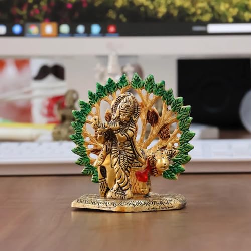 Image of KridayKraft Elegant Cowkrishna Murti - Divine Lord Krishna Idol for Home & Office Decor, Intricately Designed Pooja Statue & Spiritual Showpiece for Living Room, Bedroom, Temple (Golden)