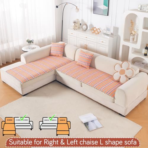 Image of HOKIPO L Shape (3+3 Seater) Sofa Cover Seat Mat | 300 GSM Cotton Acrylic Jacquard Fabric with Tassel, 'Trivana Series' Coral Orange (IN-936-J2*2)