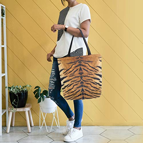 Image of Tiger Print Canvas Tote Grocery Bag Shoulder Casual Book Bag Large for Women Teachers, Animal Cotton Bag Shopping Purse Handbag Reusable Multipurpose Use