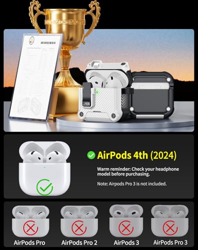 Image of Pohgelan for AirPods 4 Case with Safety Lock-White | Carbon Fiber Texture Cover,Magnetic Automatic Lock with Cleaning Kit&Keychain,Compatible with Magsafe