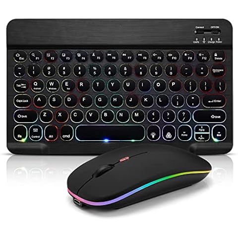 Ultra-Slim Bluetooth Keyboard and Mouse Portable Mini Wireless Keyboard Rechargeable 7-Color Backlit for Apple iPad iPhone Samsung Tablet iPhone Smartphone iOS Android Windows, Round Keys Black Cover