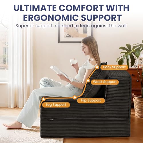 Image of Erament Folding Sofa Bed, 8 inch Convertible Sleeper Sofa Fold Out Chair Bed with Pillow, Portable Floor Couch Lounge Sofa for Living Room Bedroom Guest Room, Black