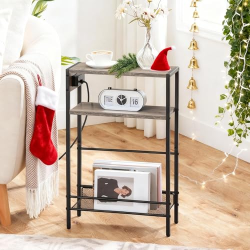 Image of HOOBRO Small Narrow Side Table with Charging Station, Skinny End Table for Small Spaces, Slim Nightstand with USB Ports Outlet, Sofa Beside Table with Storage Shelf, Greige and Black BG102UBZ01