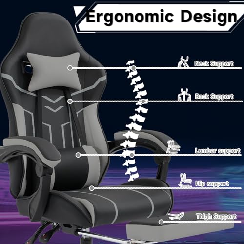 Image of Gaming Chair with Headrest and Lumbar Support, High Back Computer Office Desk Chair with Footrest, 360 Swivel Height Adjustable Recliner Game Chair (Gray Black)