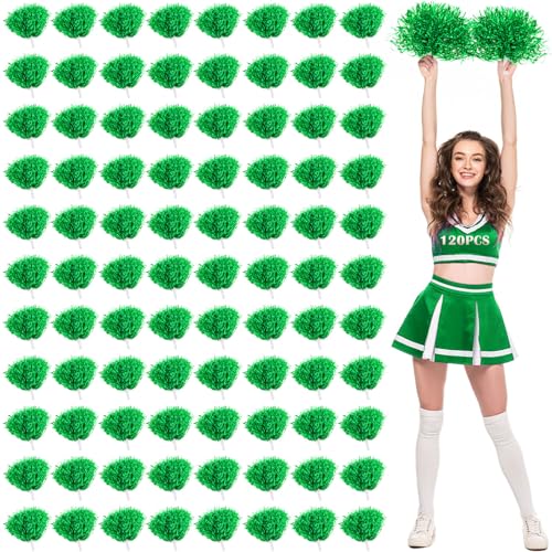 Jerify 120 Pcs Cheerleading Pom Poms Bulk Metallic Foil Cheerleader Pom Poms with Baton Handle Plastic Cheer Pompom Cheering Hand Flowers for Sports Squads Dance Party Basketball (Green)