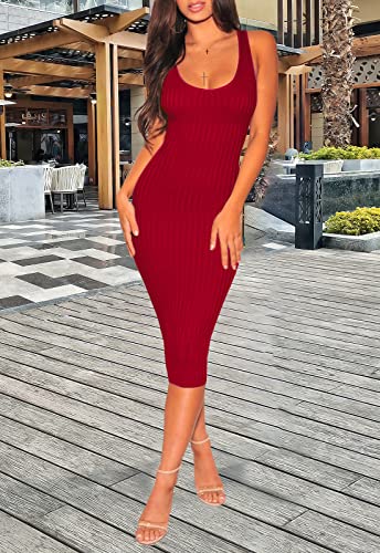 Image of YouSexy Women's Sexy Bodycon Ribbed Tank Dress Sleeveless Casual Party Club Midi Dresses