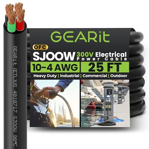 GEARit 25ft 10/4 SJOOW Portable Cord, 10 AWG 4 Conductor 300V Flexible Electrical Cable
