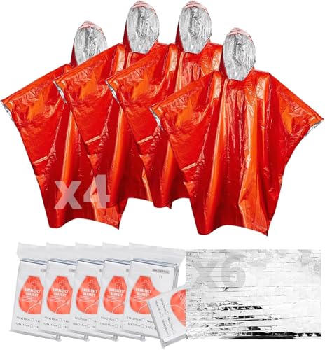 Image of Emergency Rain Poncho(4-Piece) and Thermal Blanket (6-Piece),Outdoor Emergency Poncho and Mylar Blanket Liner,Waterproof Space Mylar Blankets and rain Poncho for Camping or Car Emergencies