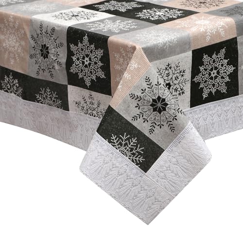 Image of Dakshya Industries PVC Waterproof Square Table Cover 48x48 Inch for 4 Seater Dining Table | Floral Printed Oilproof Stain Resistant Washable Plastic Table Cover, Black & Grey