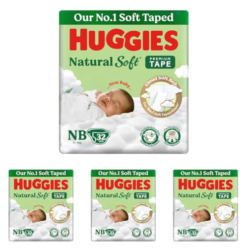 Image of Huggies Natural Soft Premium Tape Diapers Newborn /Extra Small (NB /XS) Size, Upto 5 kgs, 32 Count | Our No.1 Soft Taped Diaper with Cloud Soft Bed, designed for Newborns with Runny Poo Absorption
