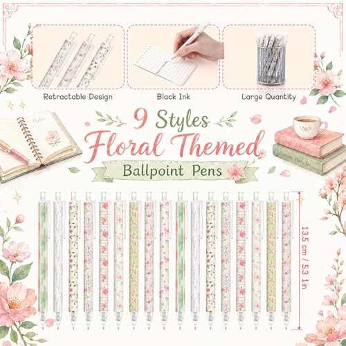 Image of Jetec 108 Pcs Back to School Floral Ballpoint Pens Cute Aesthetic Ballpoint Pens Retractable Office Supplies Gift for Teacher Journal Planning Notepad Desk Decor for Women Girls Staff Coworker