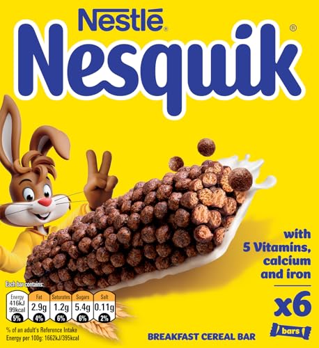Nestlé Cereals - Nesquik Breakfast Cereal & Milk Bar - High Fibre 5 Vitamins Calcium & Iron - 6 x 25g Bar Multipack