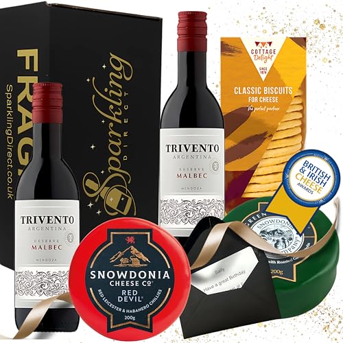 Wine and Cheese Hamper Gift Set 2 Mini Bottles of Trivento Reserve Malbec (187ml) with Award-Winning Cheese & Biscuits Red Wine Gift for Men Birthdays Fathers Day or Thank You
