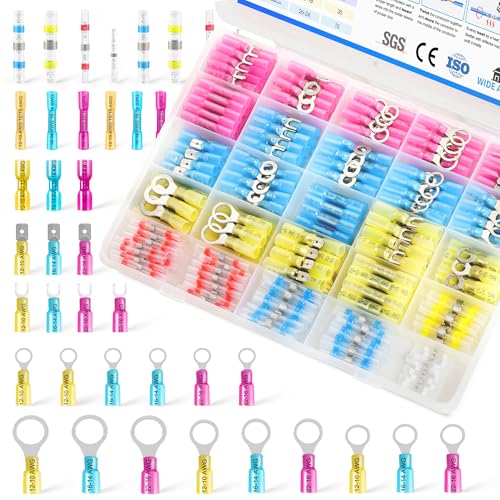 Kuject 260PCS Heat Shrink Wire Connectors Kit, 2-in-1 Electrical Wire Terminal Set, Waterproof Solder Seal Connectors, Insulated Spade Butt Splice Ring Fork Terminal for Marine Truck and DIY User