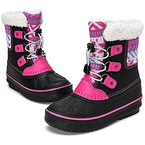 AONETIGER Kids Snow Boots Girls Winter Boots Warm Fur Lined Anti-Slip Waterproof Ankle Booties Lightweight Outdoor Bootees(Black Pink,3UK) Cover