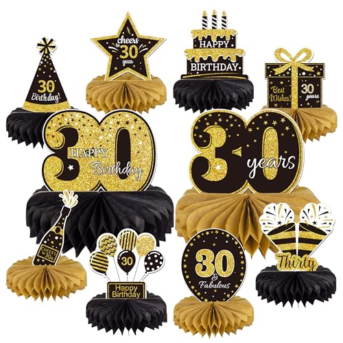 Gexolenu 10 Pcs 30th Birthday Honeycomb Centerpieces Gold Black Cheers to 30 Years Birthday Centerpieces Tables Toppers for 30th Birthday Decorations 30 Fabulous Birthday Party Decorations Supply