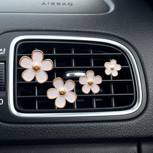 Image of 4PCS Car Daisy Flower Air Vent Clip, Cute Auto Outlet Air Conditioning Clip, Sweet Girly Vehicle Fresheners Gift for Women Girls, Car Interior Decor Universal Fit (White, Vanilla)