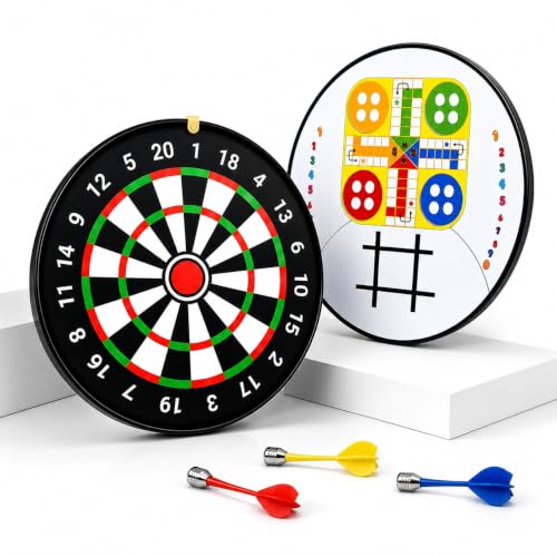 Image of 3-in-1 Magnetic Dart Board with Darts | One Side Dart Game, Other Side Ludo & Tic Tac Toe | Double-Sided Indoor Game Board for Kids & Adults | Safe Magnetic Darts for Home & Gifting