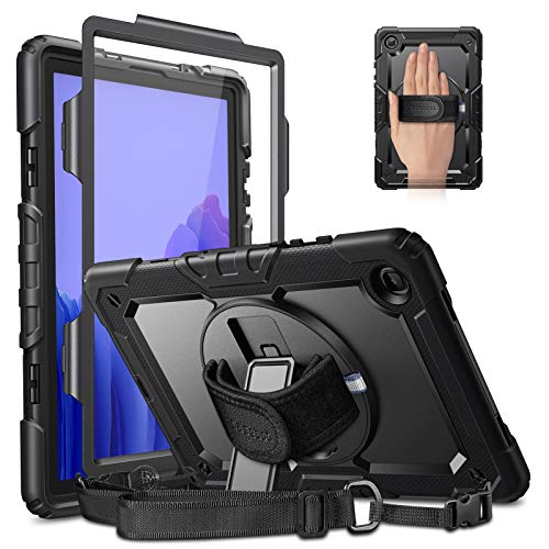 CaseBot Hülle für Samsung Galaxy Tab A7 10.4 2020, 360° Drehbar Stände mit Handschlaufe Schultergurt für Tab A7 10.4 Zoll SM-T500/T505/T507 Stoßfeste Schutzhülle, Schwarz Cover