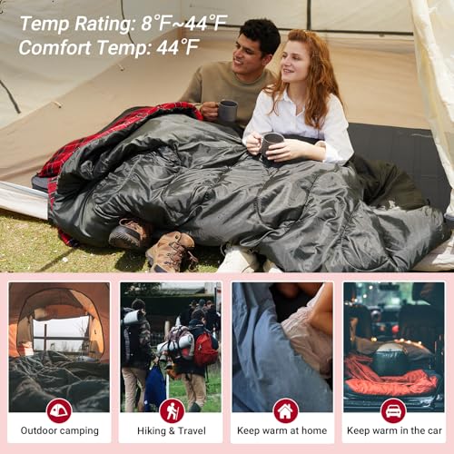 Image of KingCamp Double Sleeping Bag for Adults, Queen Size 2 Person XXL Flannel Sleeping Bag, Waterproof Lightweight Flannel Quilt with 2 Pillows, Perfect for Couples Family Camping Hiking
