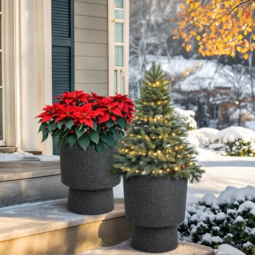 Autodaya 16.8" Urn-Style Planters Set of 2, Black Terrazzo Pedestal