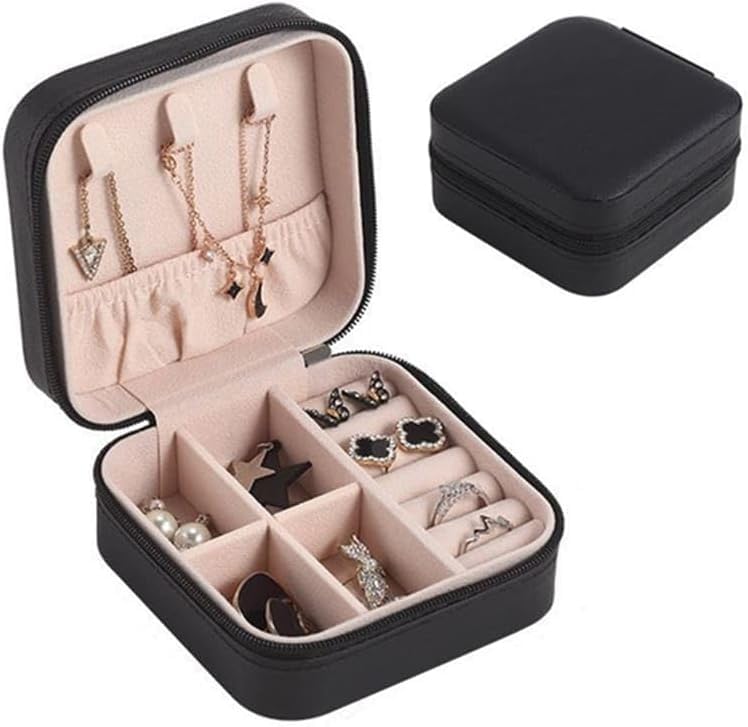 Necessaire Mini Porta Joias Portátil Estojo Com Zíper Compartimentos Internos Para Viagem e Organização de Acessórios (Preto)