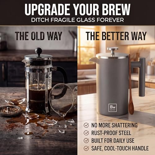 Image of Barista Warrior French Press Coffee Maker - Double-Wall Stainless Steel Insulated French Press with Built-In Thermometer, Dual Filters Coffee Maker with Wooden Spoon - Grey
