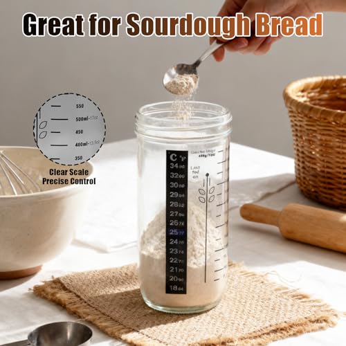 Zencantorous Sauerteig Starter Set, 730ml Sauerteig Glas, Sauerteig-Starterglas, Sauerteig Set mit Thermometer und Silikonspatel, für Brotbacken und Fermentation, 1 für Anfänger und Zuhause Backen