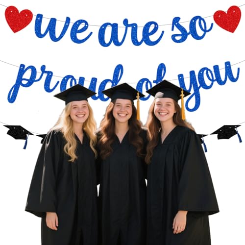 Image of Pre-Strung We Are So Proud of You Banner Garland for Veterans Day Congratulation Graduation Party, NO DIY Black and Blue Glittery Letter Hat Sign for School Classroom, Home Party