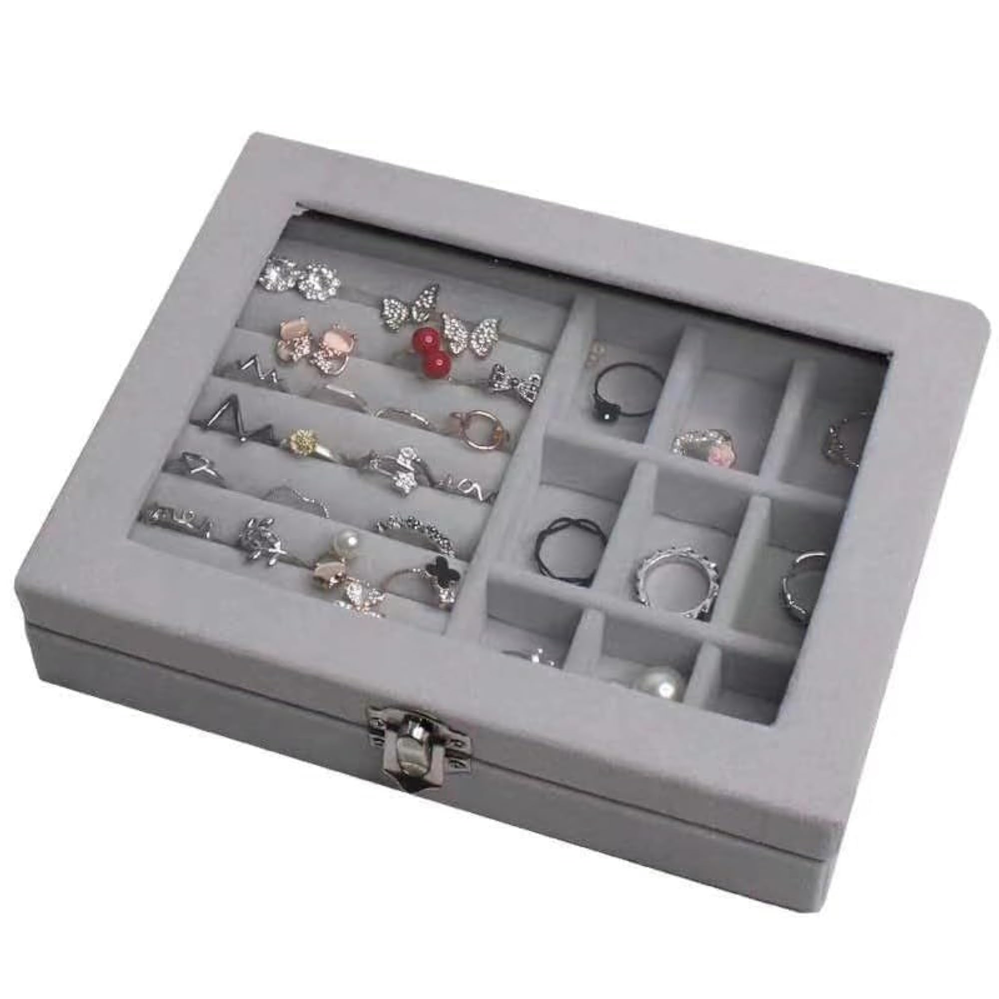 Velvet Jewelry Organizer Box with Clear Lid, Lockable