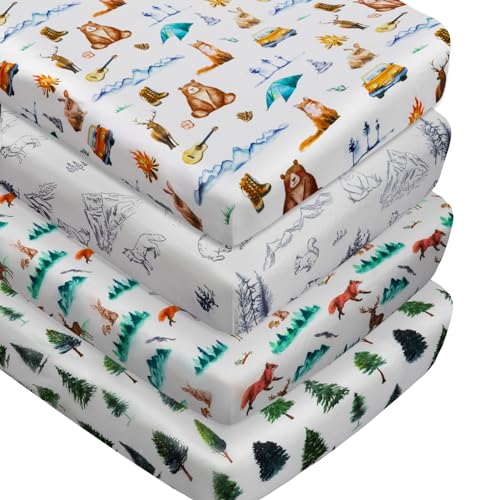 Image of 4 Pack Woodland Forest Animals Wood Neutral Unisex Fitted Baby Crib Sheets Set for Baby Boys or Girls Forest