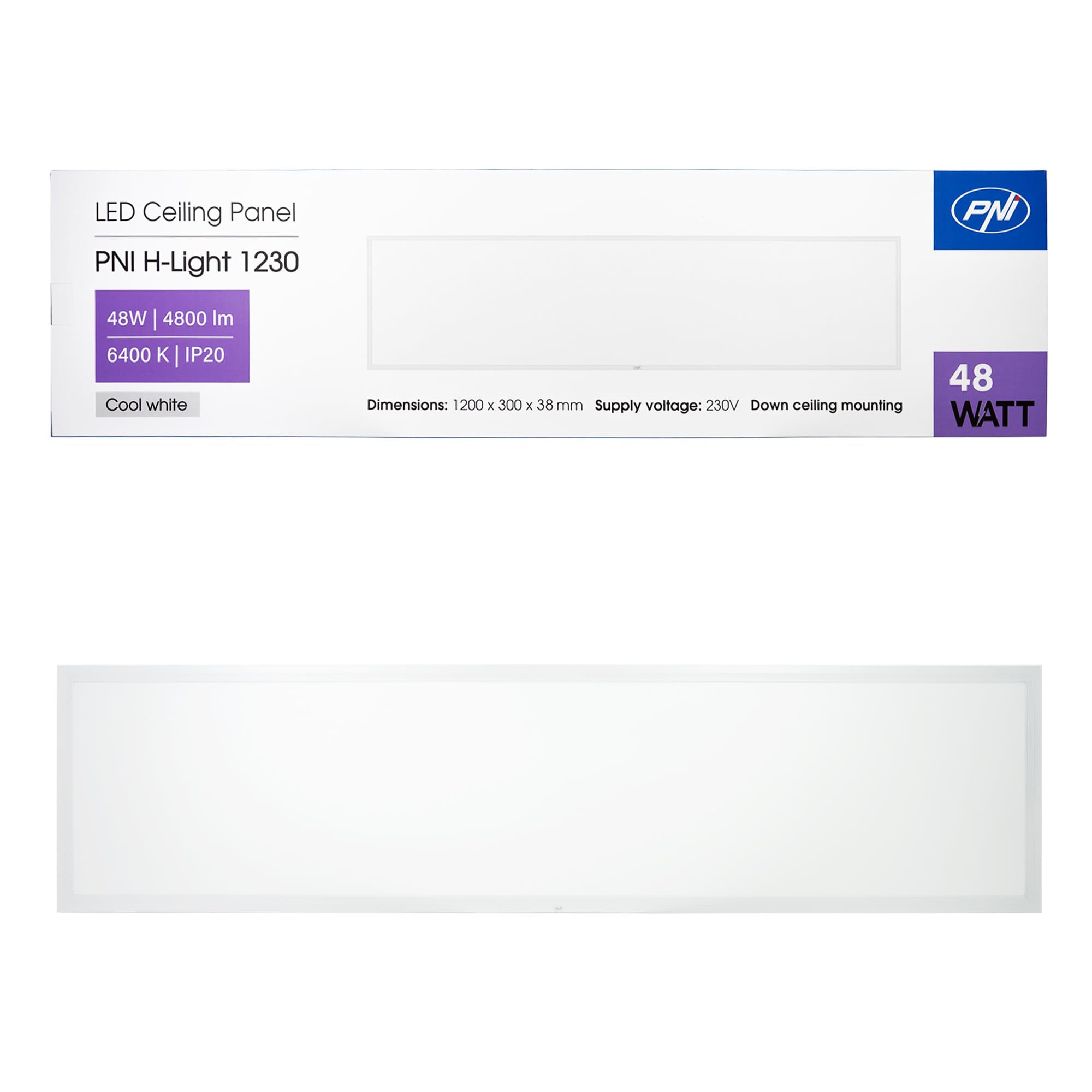 PNI LED-Panel H-Light 1230 48W, 1200x300mm, 4800lm, 6400K, Innenbereich, Einbau