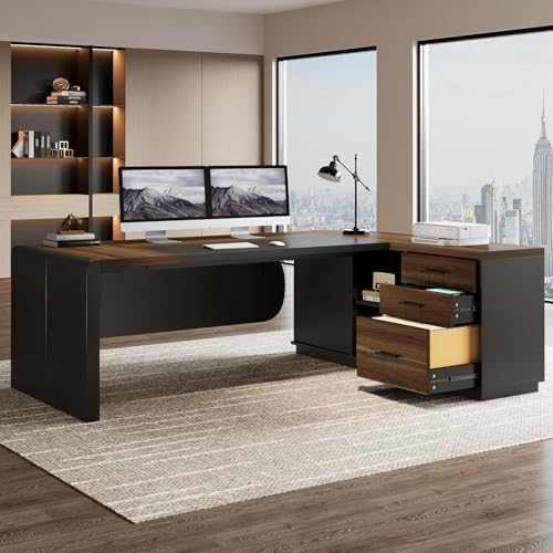 Image of Tribesigns 80'' L-Shaped Desk, Large Executive Office Desk with 55'' Drawers Cabinet, Modern Commercial Office Table with Storage Shelves, Business Furniture for Home Office, Brown & Black