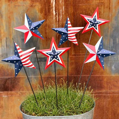 WKHOMEDECO 6 Pcs 4th of July Decorations Outdoor,19' Patriotic Metal Barn Stars Decorative Garden Stakes for Independence Day,Americana Patriotic Yard Signs Decor for Garden Lawn Porch