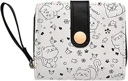 Carteira de couro com tema de gato para mulheres, minimalista, pequena e fofa, porta-moedas com janela para identidade, marrom, porta-cartões de crédito Kawaii, para meninas, senhoras, viagens, Preto