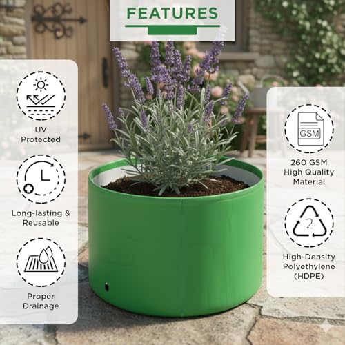 Image of garbnoire Premium HDPE UV Protected Grow Bag 6x6 Inch 260 GSM Heavy Duty Round Green Grow Bags for Home Balcony and Terrace Gardening Durable Bag for Flower Plants Vegetable Gardening (Pack of 5)