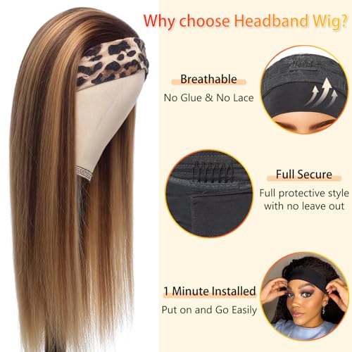 Image of Aiterina Straight Headband Wig Human Hair 4 /27 Highlight Headband Wigs for Black Women Machine Made Human Hair Wig 150% Density 4 /27 Highlight Wig 16 Inch