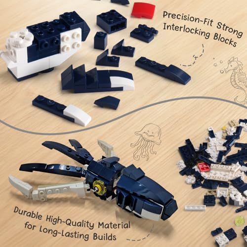 Image of Intelliskills Think Blocks: 3-in-1 Aquatic Animals 118 Piece Set,Shark, Squid&Seahorse, Model Building Kit for Kids,STEM Construction Set for Toddlers,Assemble&Play Game,Activity&Gifting Toy (Blue)